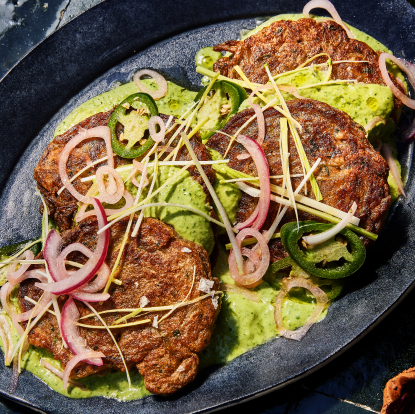 Green Banana Leek Fritters with Coconut Yogurt Tahini Sauce