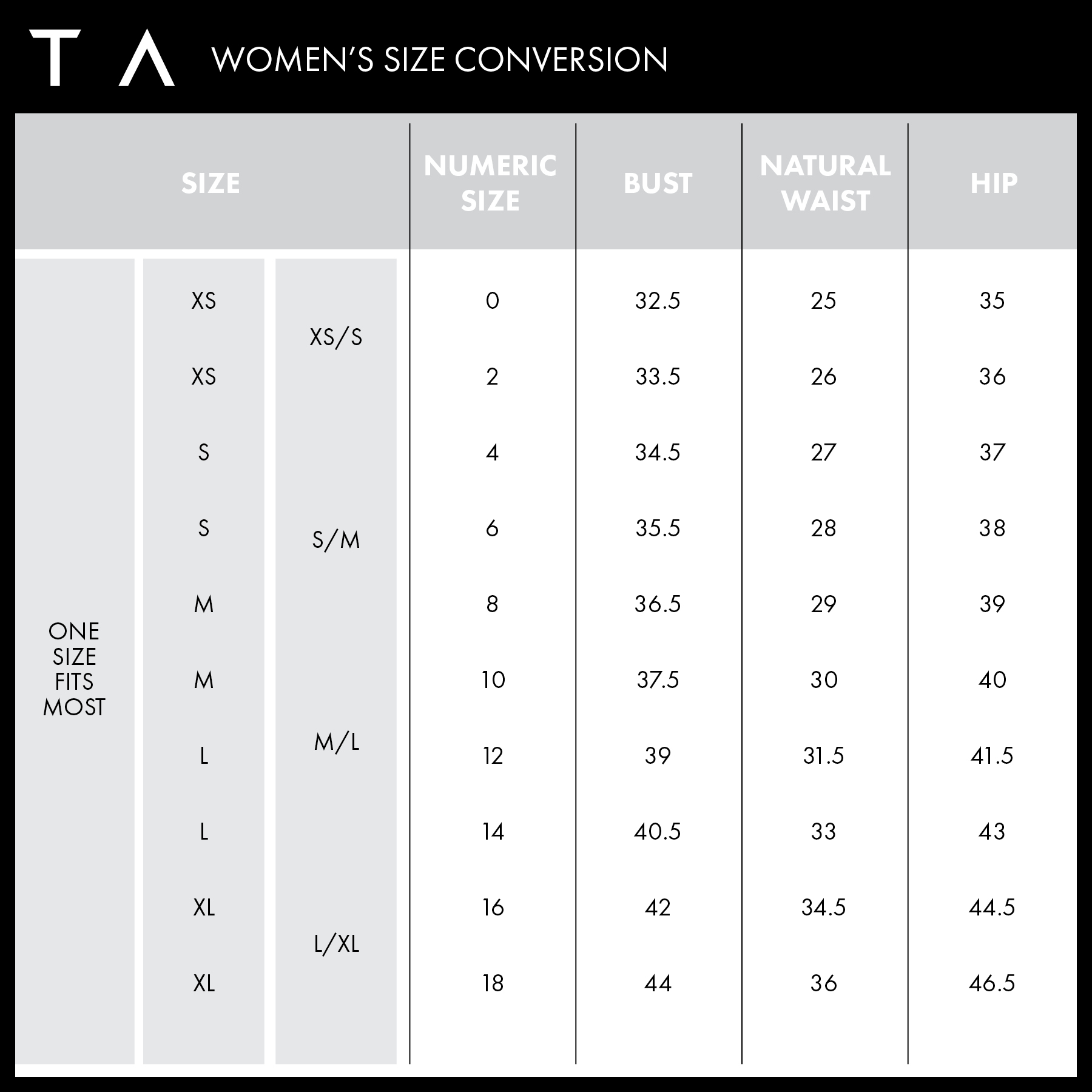 Size Charts - Tracy Anderson